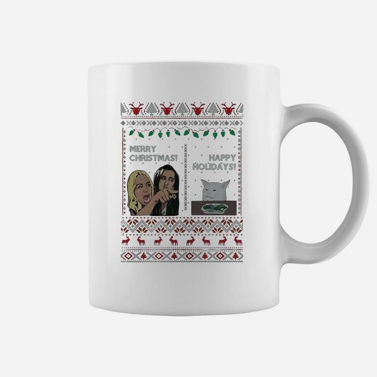 Yelling Woman Cat Meme Merry Christmas Happy Holidays Ugly Christmas Shirt Coffee Mug
