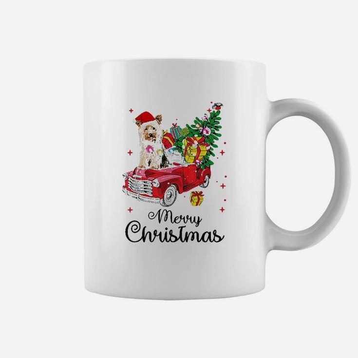 Yorkies Ride Red Truck Christmas Coffee Mug
