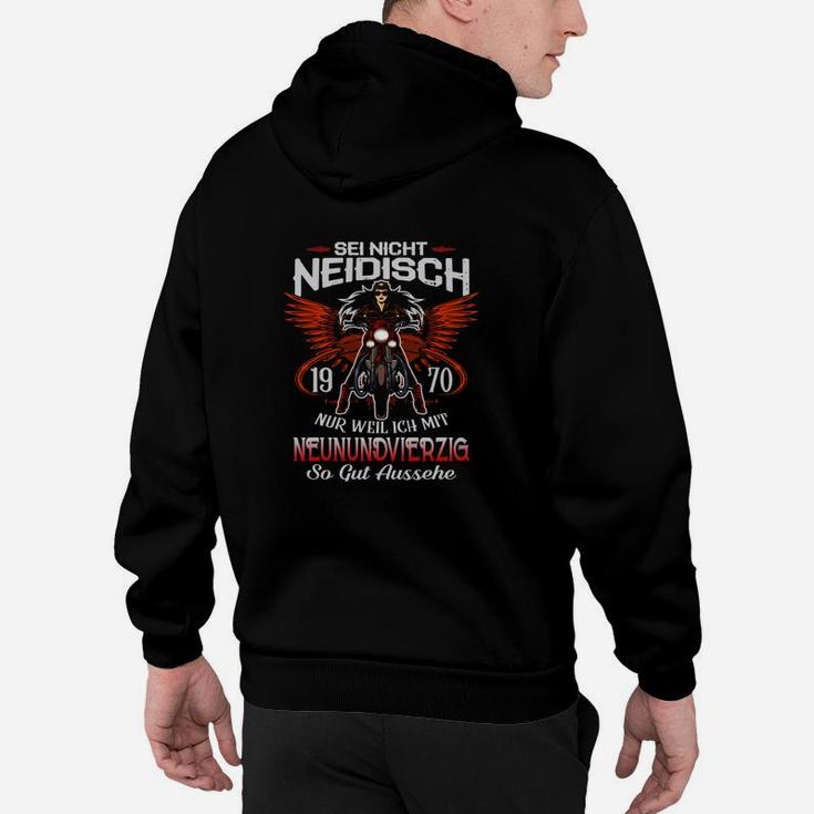 1970er Motorrad Geburtsjahr Hoodie, Schwarz – Sei nicht neidisch Design