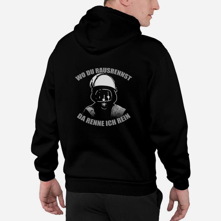 Schwarzes Hoodie mit Helm-Motiv - Wo du rausrennst, da renne ich rein