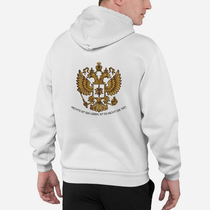 Weißes Hoodie mit Russischem Wappen, Spruch Montes Aurei Aufdruck