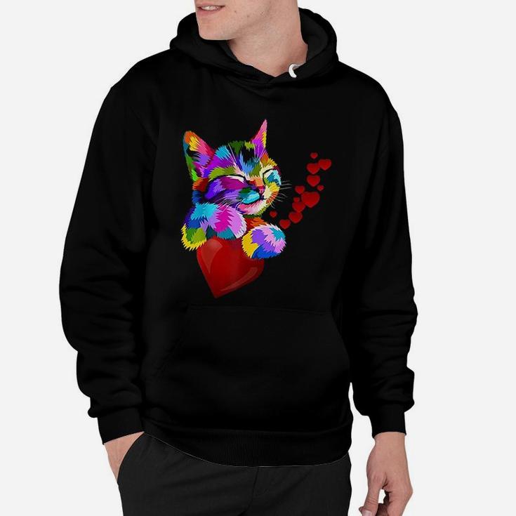 Cute Cat Colorful Funny Valentines Day Hearts Kids Hoodie