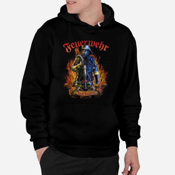 Feuerwehrmann Hoodie in Schwarz mit Mutigem Motiv und Flammen