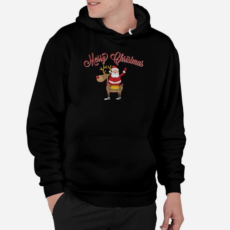 Frohe Weihnachten Santa & Rentier Grafik Schwarzes Hoodie, Festliches Design