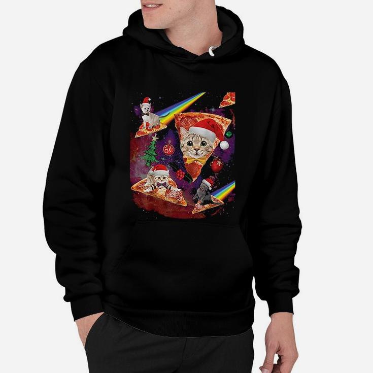 Outer Space Christmas Cats Riding On Pizza Hoodie