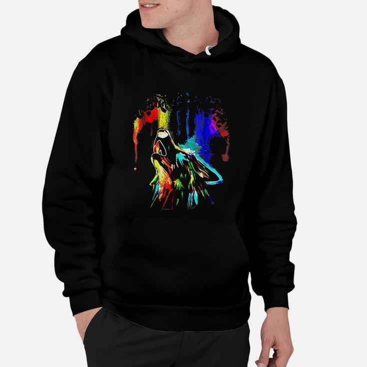 Rainbow Color Neon Light Sky Howling Wolf Drawing Hoodie Seseable UK