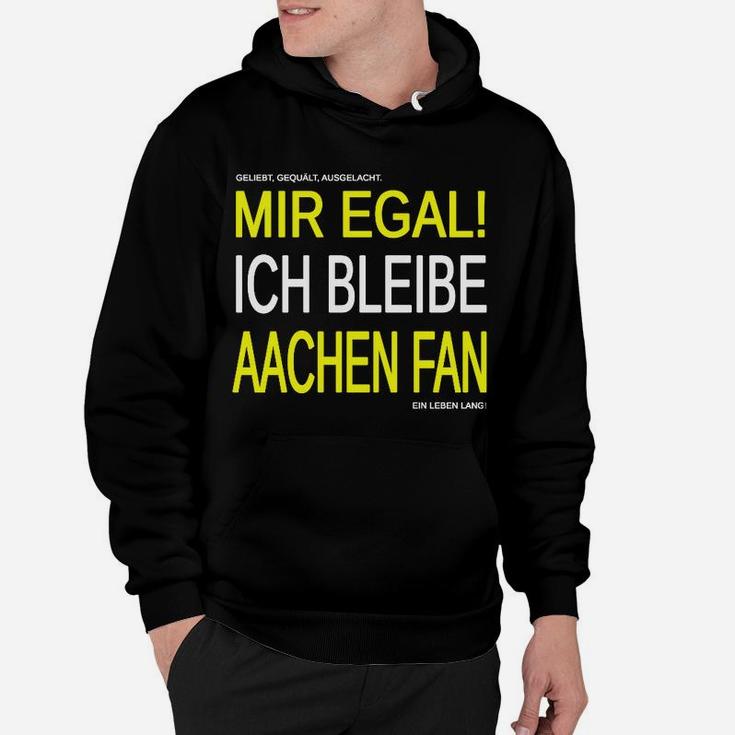 Schwarzes Aachen Fan Hoodie mit Mir egal! Ich bleibe Fan Aufdruck in Gelb