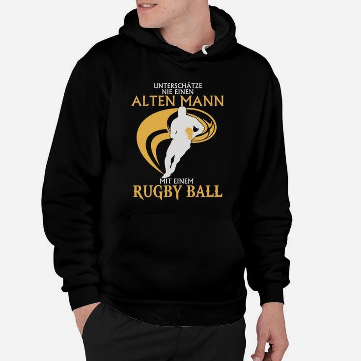 Schwarzes Hoodie, Alter Mann mit Rugbyball, Lustiges Rugby-Motiv