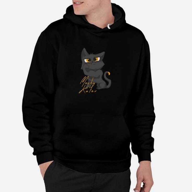 Schwarzes Hoodie mit grimmiger Katze & goldenen Akzenten, Modisches Tee
