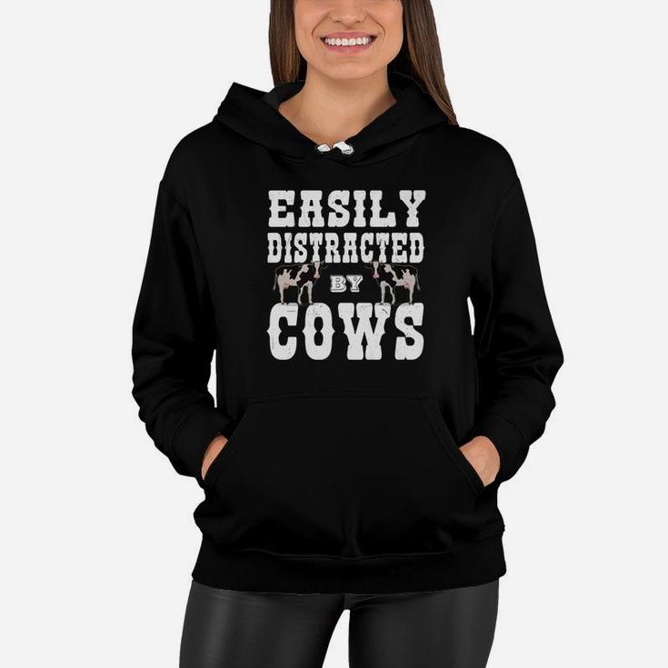 Funny Farmer Gifts Easily Distracted By Cows Vintage Women Hoodie