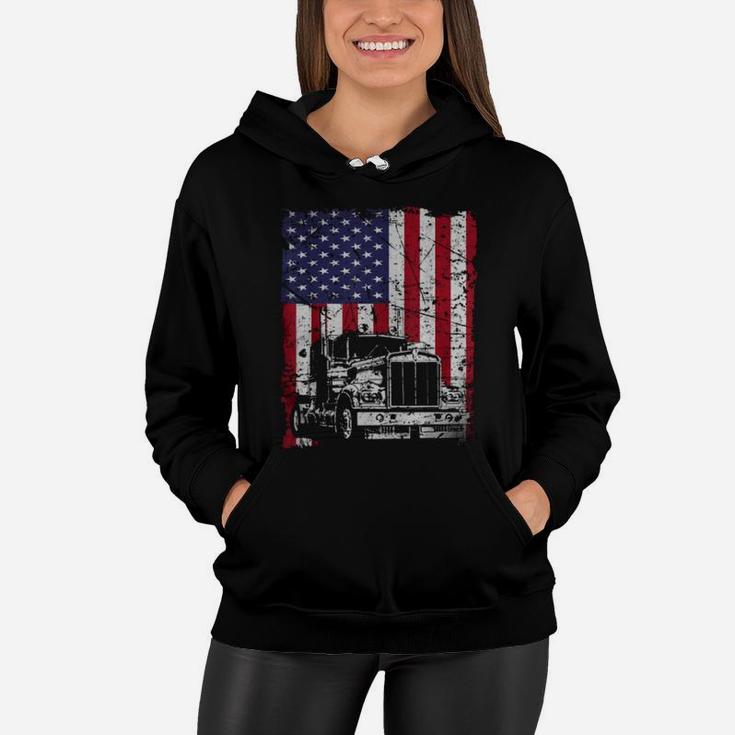 Vintage Truck Driver American Flag Trucker Shirt Women Hoodie