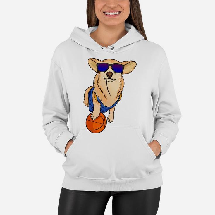 Cartoon Cute Corgi Dog Wearing Sunglasses With Basketball Women Hoodie