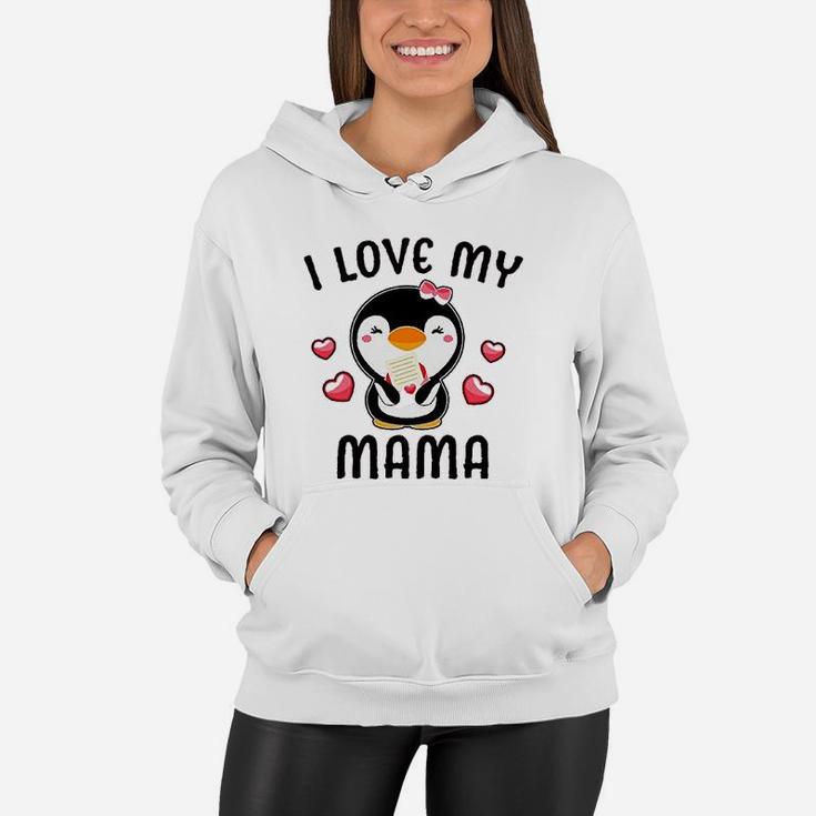 I Love My Mama With Cute Penguin And Hearts Women Hoodie