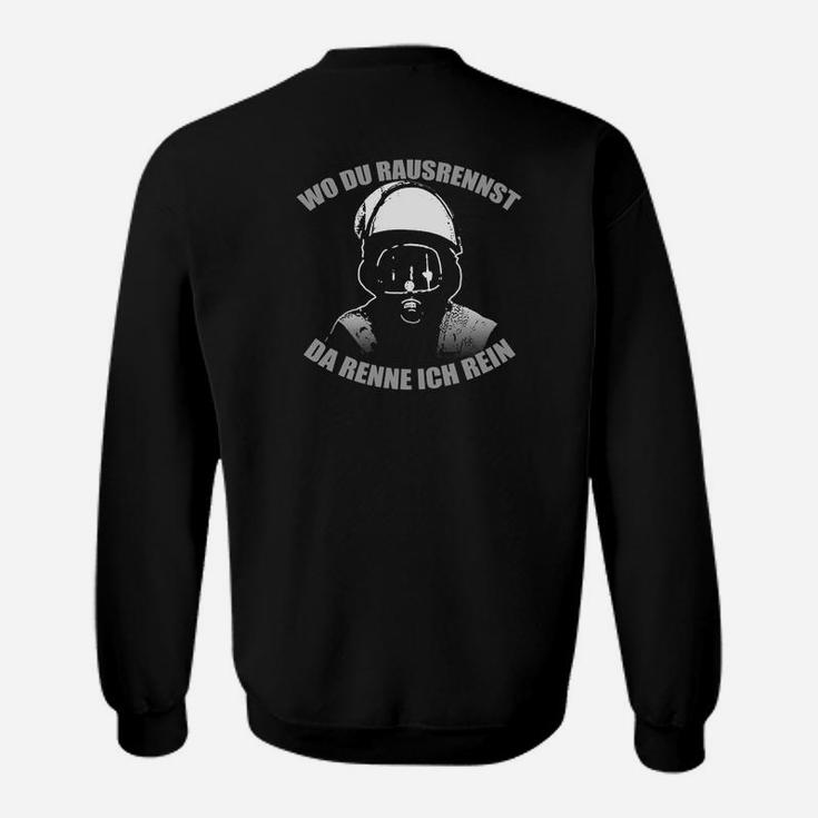 Schwarzes Sweatshirt mit Helm-Motiv - Wo du rausrennst, da renne ich rein
