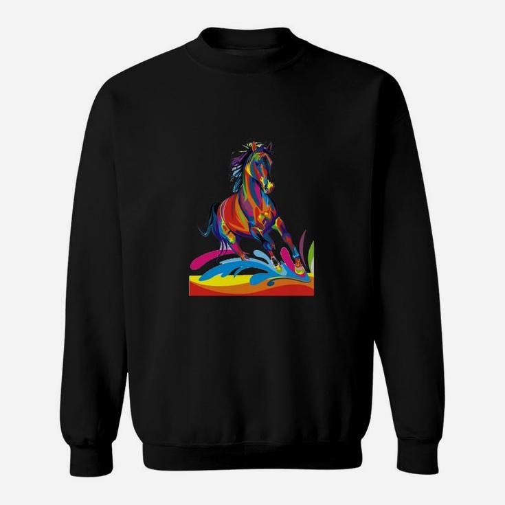 Buntes Pferd Grafikdesign Schwarzes Sweatshirt, Kreatives Motiv für Tierfreunde