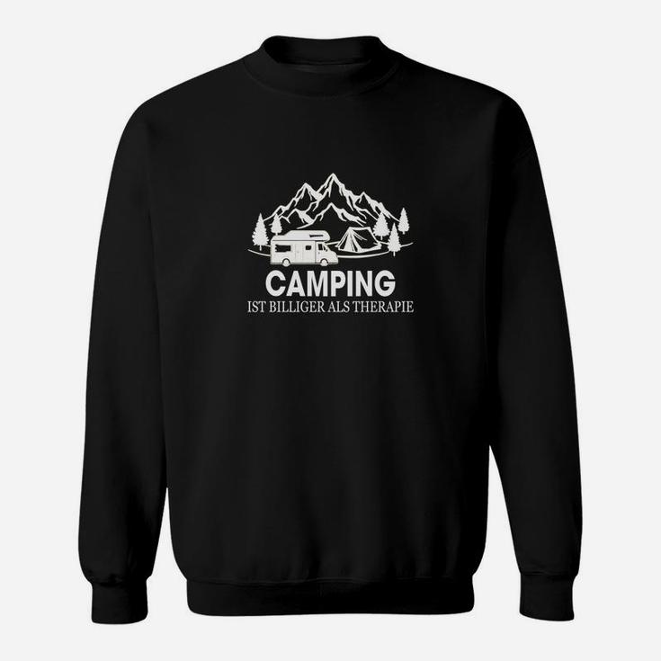 Camping-Therapie Schwarzes Sweatshirt, Bergmotiv und Spruch Design