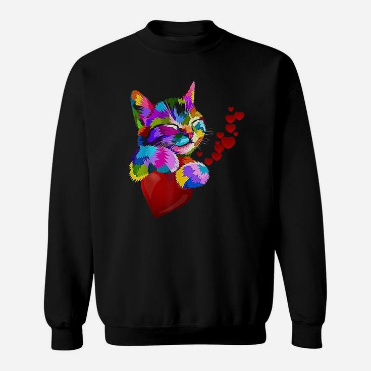 Cute Cat Colorful Funny Valentines Day Hearts Kids Sweat Shirt
