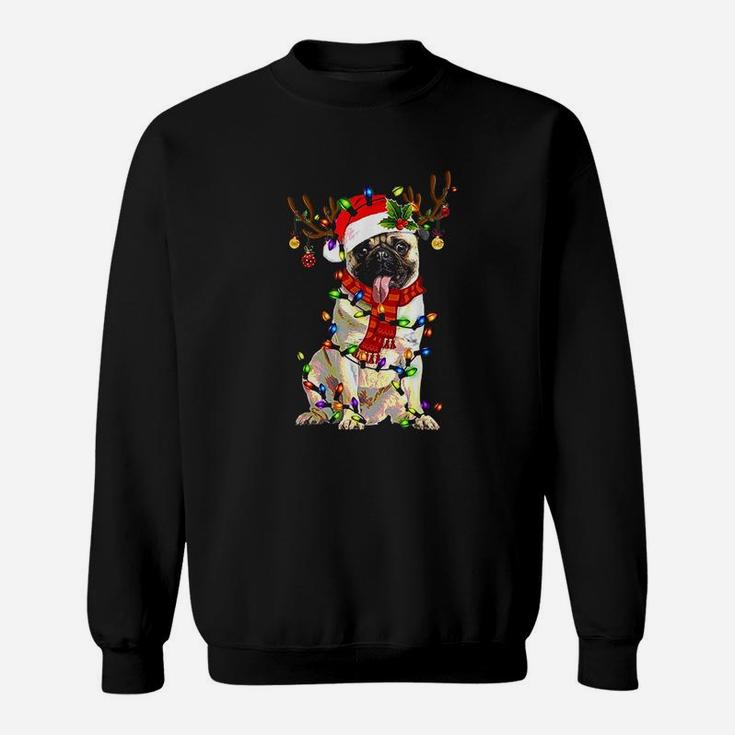 Funny Pug Dog Christmas Reindeer Christmas Lights Pajama Sweat Shirt