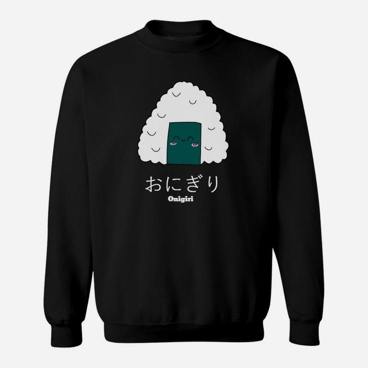 Kawaii Onigiri Schwarzes Sweatshirt, Lustiges Reisbällchen-Design mit japanischer Schrift