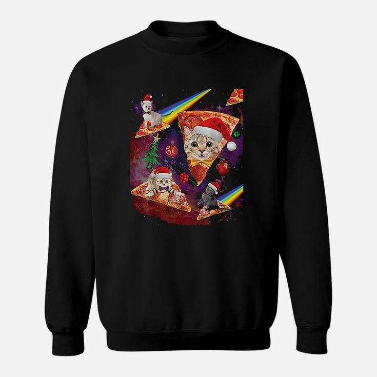 Outer Space Christmas Cats Riding On Pizza Sweat Shirt