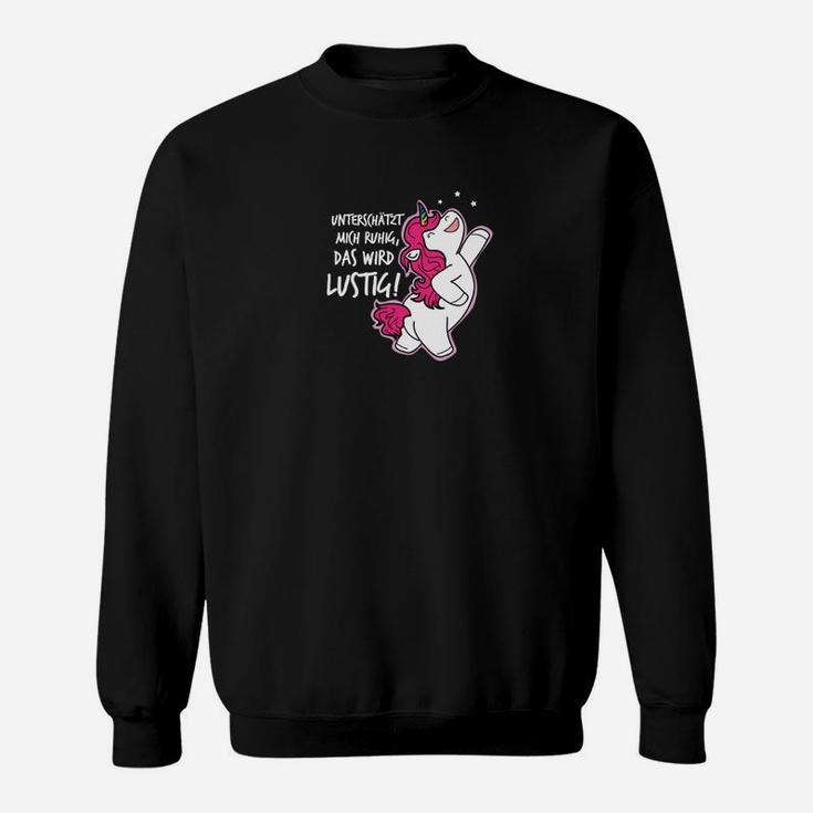 Schwarzes Sweatshirt Lustiger Spruch & Cartoon-Einhorn-Design, Einzigartiges Einhorn-Sweatshirt