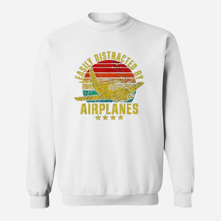 Easily Distracted By Airplanes Funny Vintage Retro Pilot Sweat Shirt