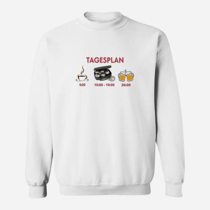 Weißes Sweatshirt mit Tagesplan Motiv: Kaffee, Gaming, Bier Icons