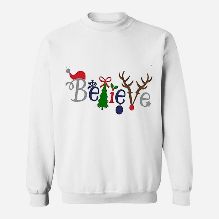 Women Merry Christmas Cute Santa Tree Reindeer Believe Sweat Shirt