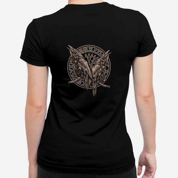 Nordisches Raben-Print Frauen Tshirt Unisex in Schwarz, Viking-Themen Tee