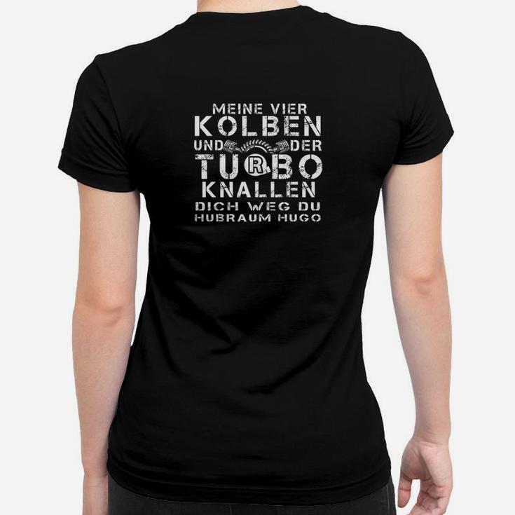 Vier Kolben & Turbo Power Herren Frauen Tshirt, Motorsport-Slogan Design – Schwarz