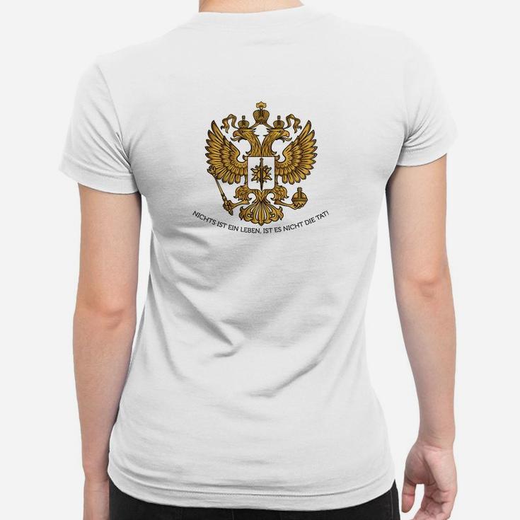 Weißes Frauen Tshirt mit Russischem Wappen, Spruch Montes Aurei Aufdruck