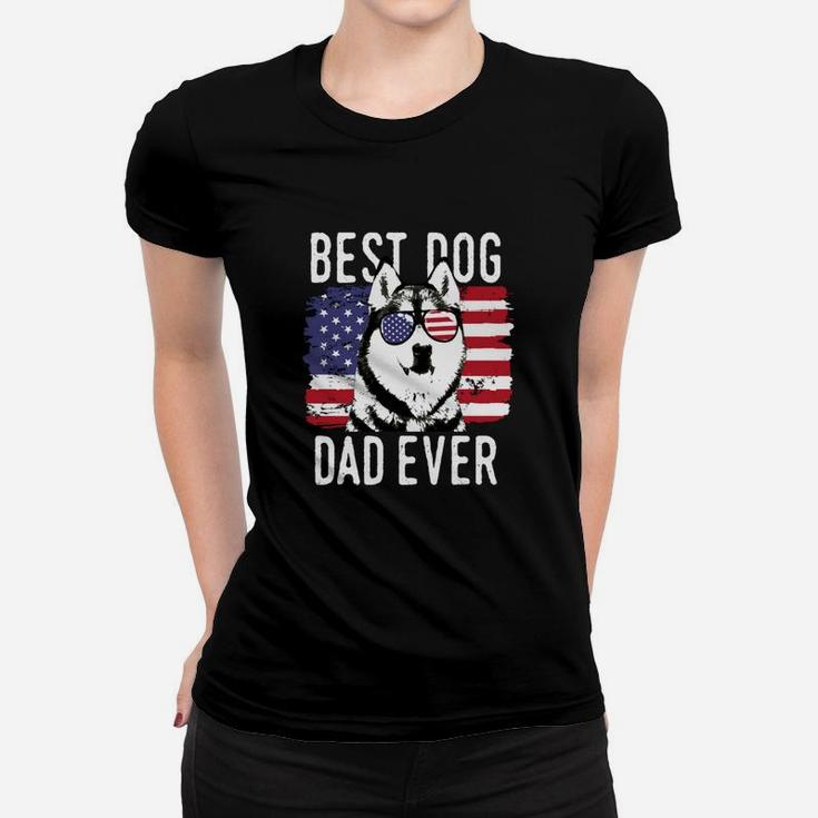 American Flag Best Dog Dad Ever Siberian Husky Ladies Tee