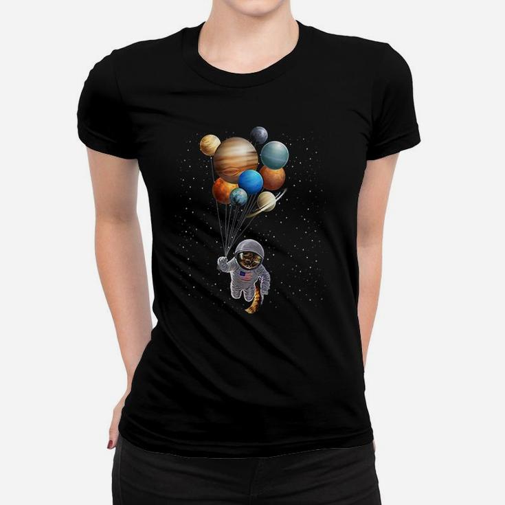 Astronaut Cat In Space Holding Planet Balloon Ladies Tee