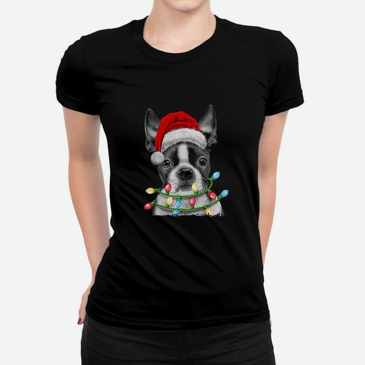 Boston Terrier Santa Christmas Tree Lights Xmas Gifts Boys Ladies Tee