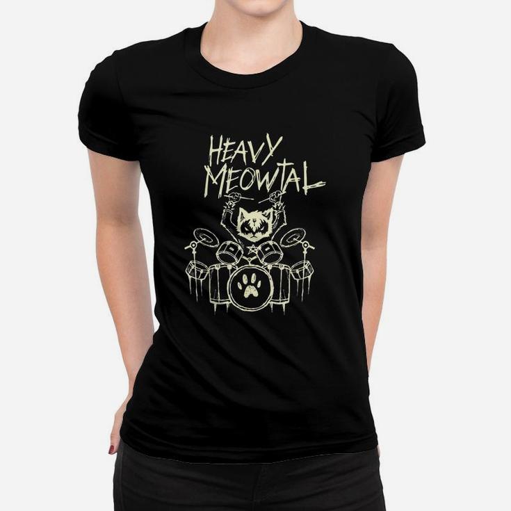 Cat Heavy Metal Headbanger Gift Drummer Cat Playing Drum Meowtal Ladies Tee