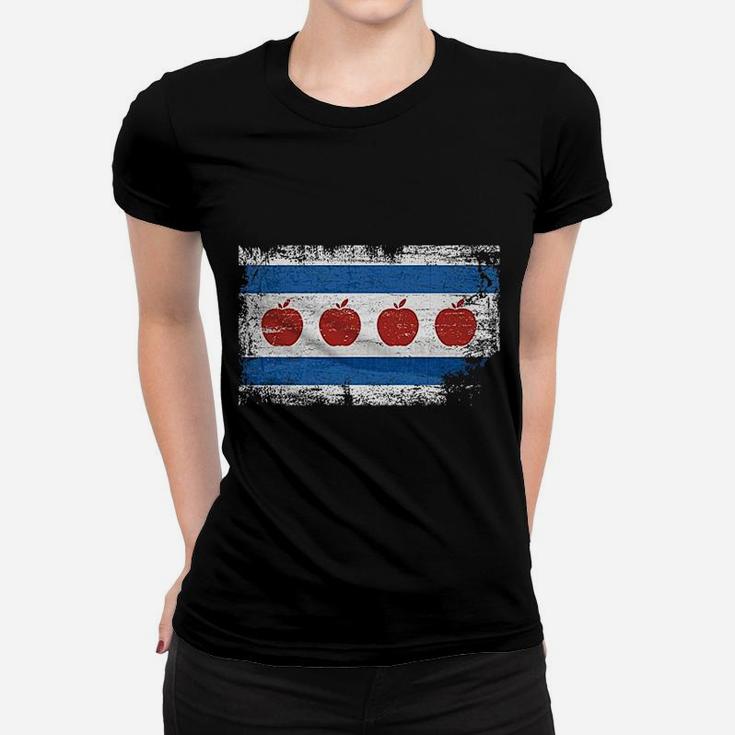 Chicago City Flag With Apple For Teacher Ladies Tee