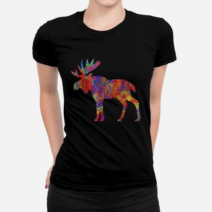 Colorful Canadian Moose Abstract Paint Wildlife Ladies Tee