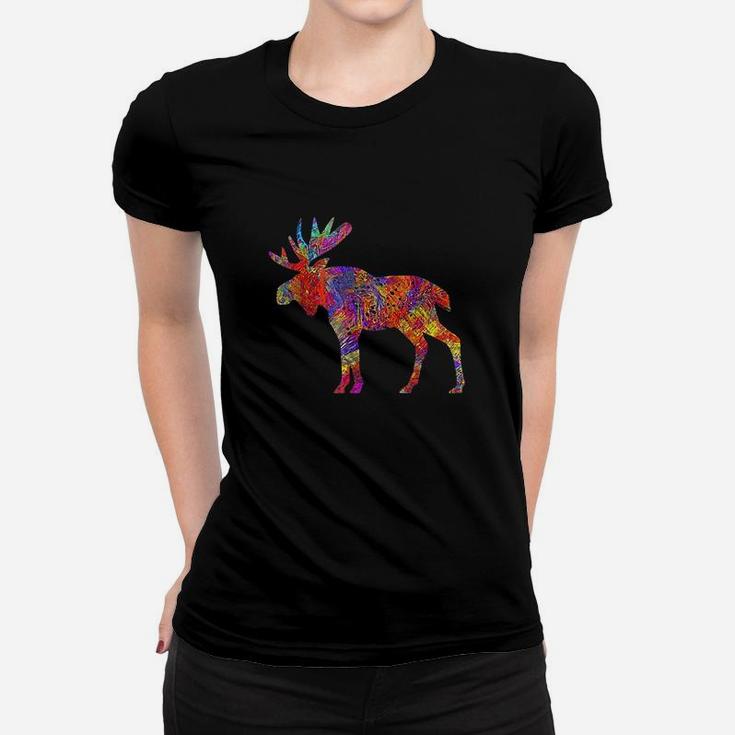 Colorful Canadian Moose Abstract Paint Wildlife Ladies Tee