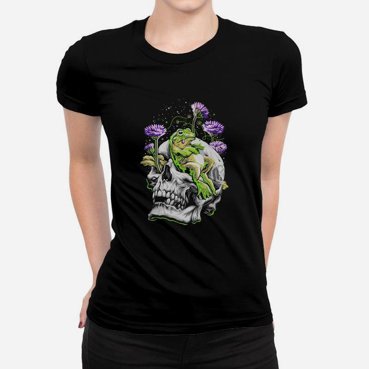 Cool Space Designs Skull Frog Flower Women T-shirt