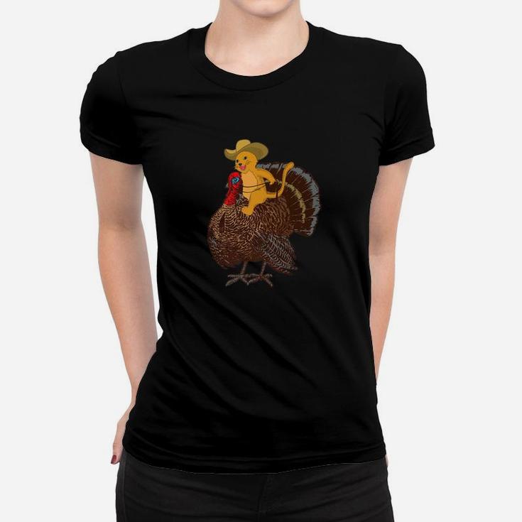 Cowboy Cat Riding A Turkey For Thanksgiving Ladies Tee