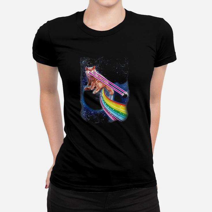 Crazy Space Cat With Eye Lasers And Rainbow Farts Ladies Tee