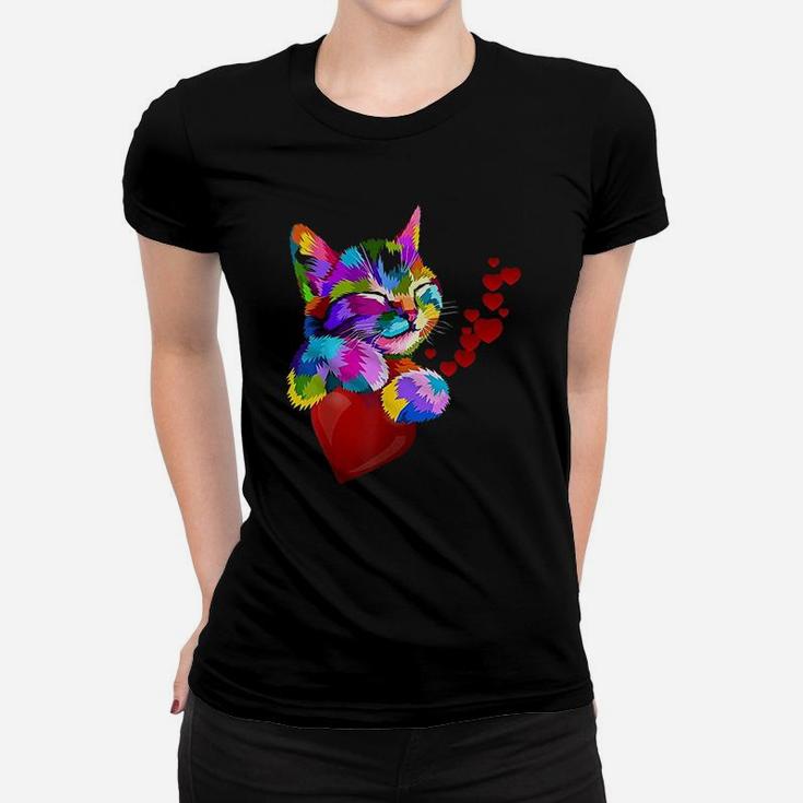 Cute Cat Colorful Funny Valentines Day Hearts Kids Ladies Tee
