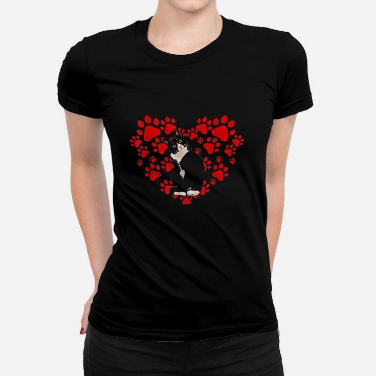 Cute Tuxedo Valentines Day Hearts For Cat Lovers Ladies Tee
