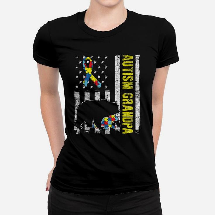 Distressed Bear Autism Grandpa Usa Flag Autism Awareness Shirt Women T-shirt