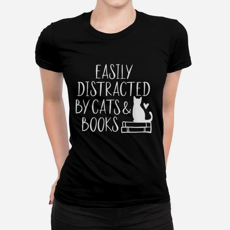 Easily Distracted By Cats And Books Ladies Tee