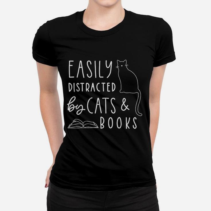 Easily Distracted Cats And Books Funny Gift For Cat Lovers Ladies Tee