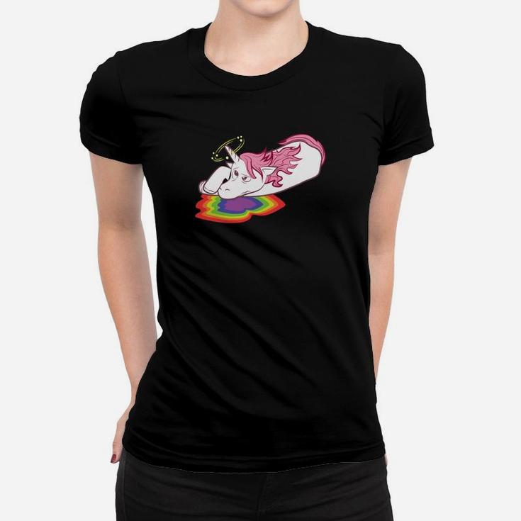 Einhorn und Regenbogen Schwarzes Frauen Tshirt, Magisches Design Tee