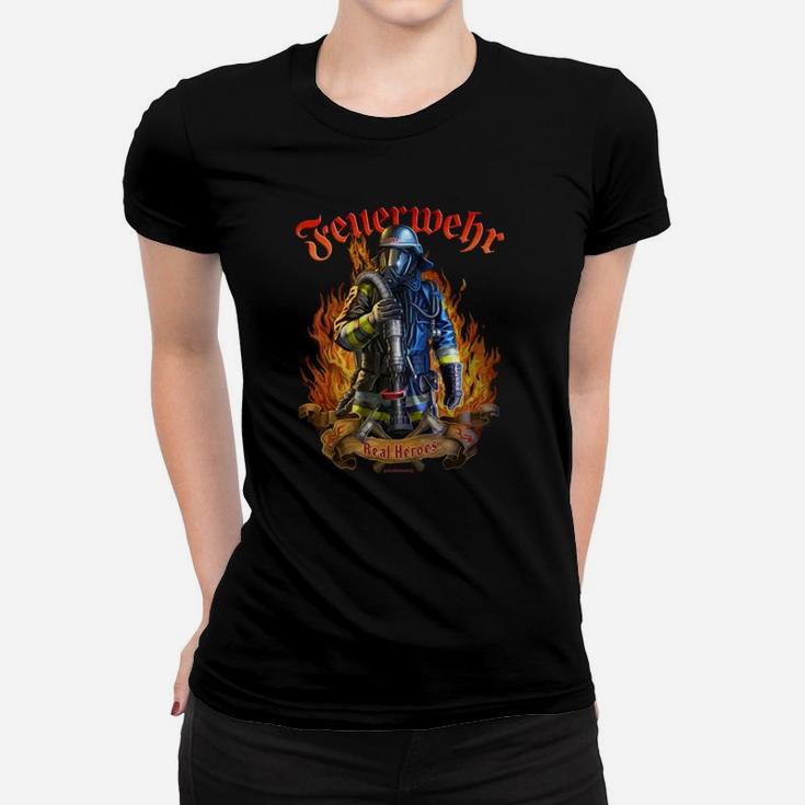 Feuerwehrmann Frauen Tshirt in Schwarz mit Mutigem Motiv und Flammen