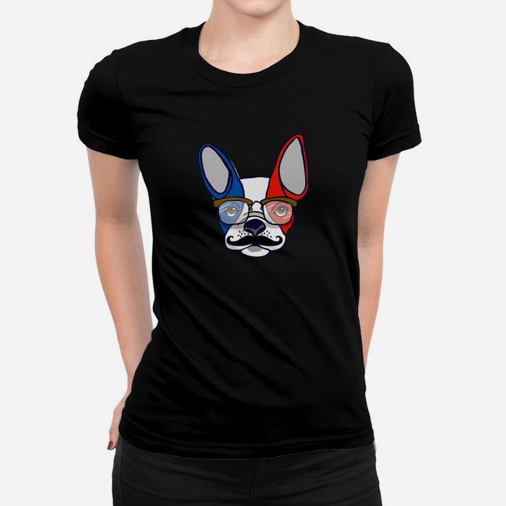 French Bulldog In Glasses Flag Of France Blue White Red Ladies Tee