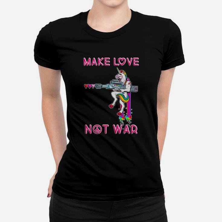 Friedensbotschaft Frauen Tshirt Unisex, Make Love Not War, Einhorn & Gewehr Design